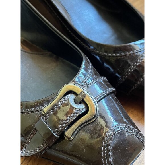 Fendi Brown Patent Leather Kitten Heel Ballet Toe Shoe Chunky Buckle Top Size 39 - Picture 4 of 9